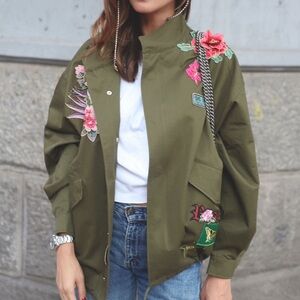 Zara military jacket anorak parka floral patches